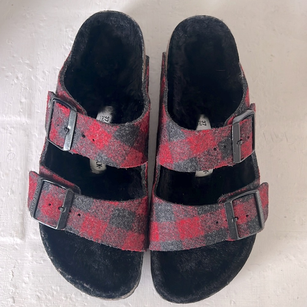 Birkenstock Arizona Rivet Plaid Red Shearling Wool Narrow - Picture 4 of 7